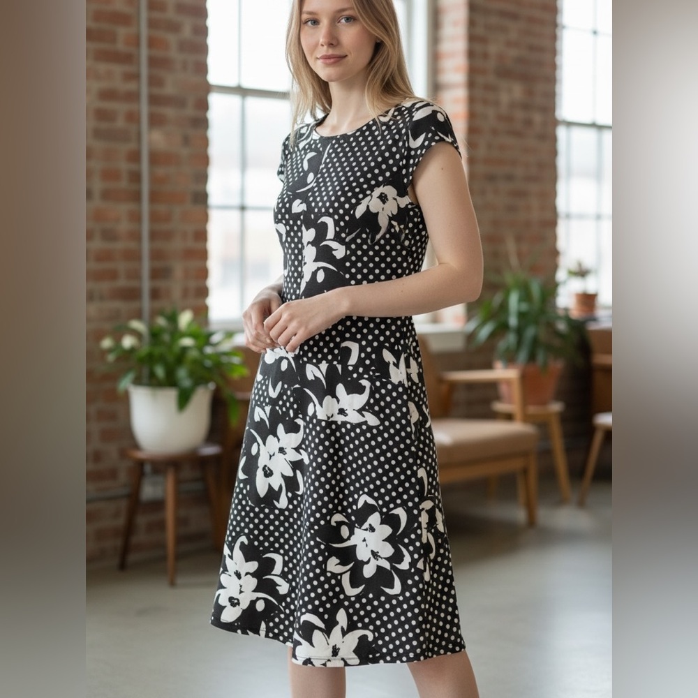 Joseph Ribkoff Black White Polka Dot Floral Dress Wedding Guest Cocktail‎ Sz 8